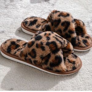 Leopard Cross Furry Slippers Camel